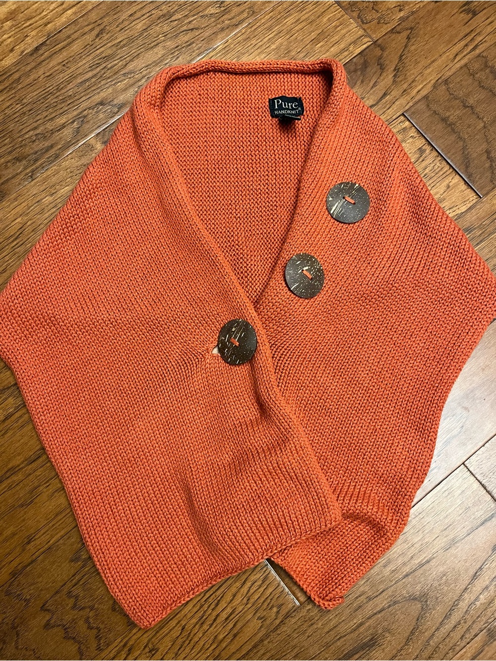 Pure Handknit Rust Button-Accented Knit Wrap or Poncho or Shawl - Picture 3 of 3